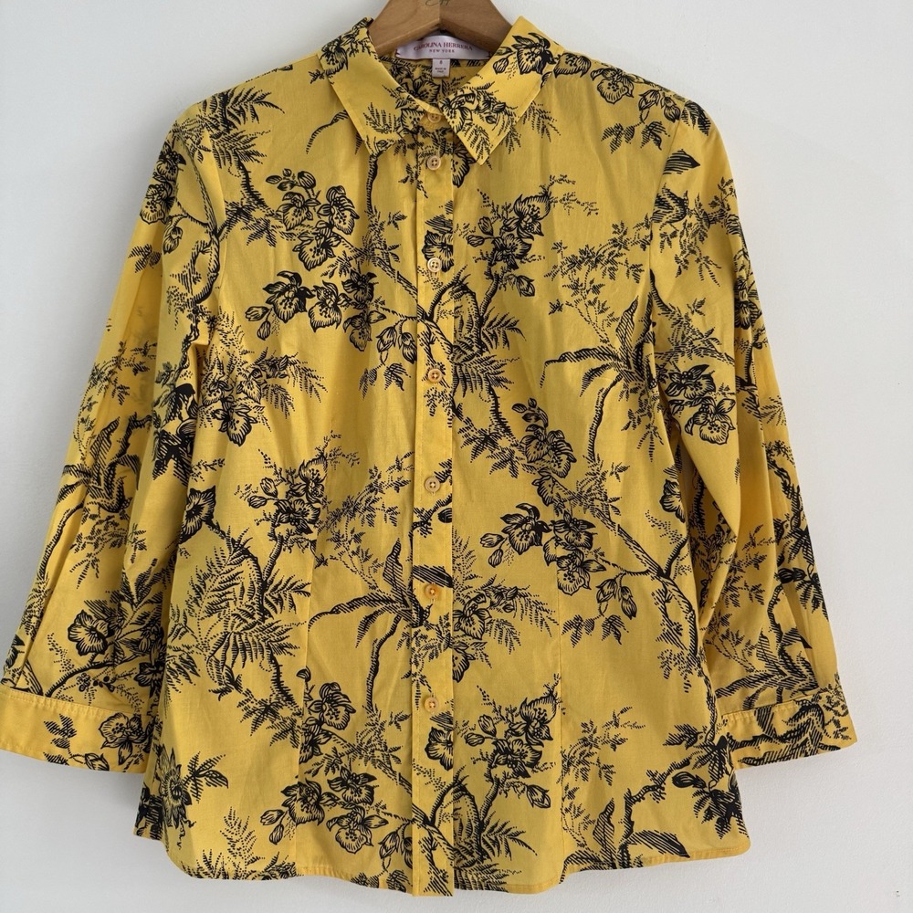 Carolina Herrera Italy Yellow Floral Tailored Button-Up Collared Blouse Sz 8